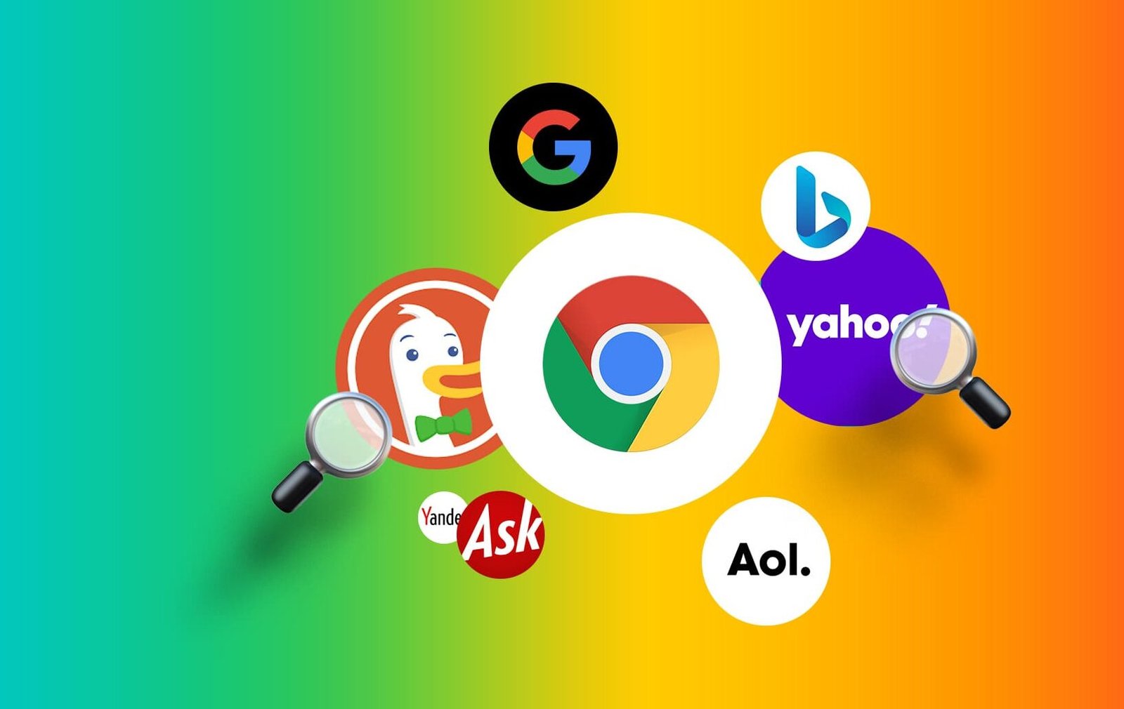 Flerfarget illustrasjon med logoer fra ulike søkemotorer: Google, Bing, Yahoo, DuckDuckGo, AOL, Ask og Yandex, brukt i Xaviour Entertainment sin guide.