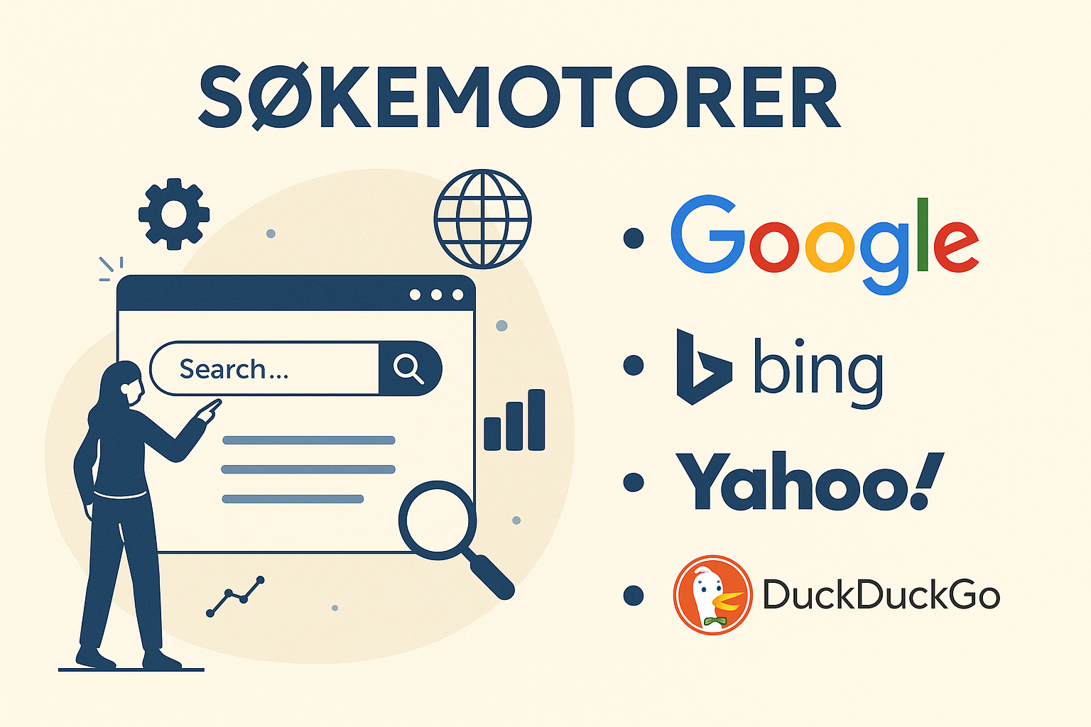 Illustrasjon av fire søkemotorer – Google, Bing, Yahoo og DuckDuckGo – brukt i Xaviour Entertainment sin guide til søkemotorvalg.