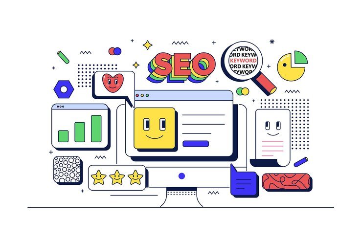 Illustrasjon med teksten SEO, søkefelt og vekstsymboler. Brukt av Xaviour Entertainment for å forklare hva en søkemotor er og hvordan den optimaliseres.