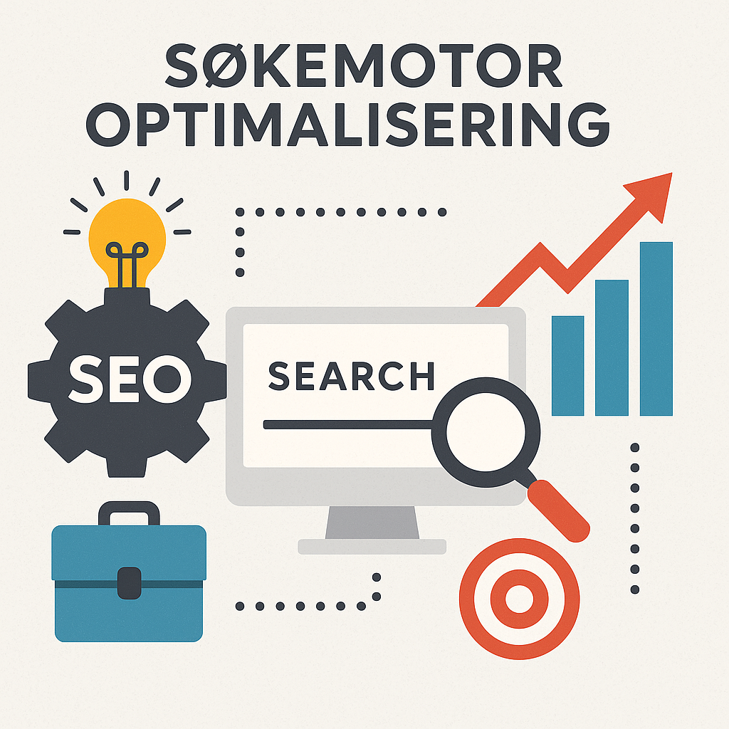 Infografikk med begrepet “søkemotor optimalisering”, søkefelt, SEO-symbol og vekstpil. Brukt i Xaviour Entertainment sin blogg om synlighet og rangering.