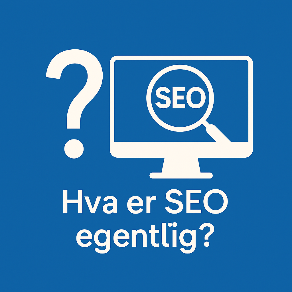 Minimalistisk SEO-illustrasjon med dataskjerm og spørsmålstegn, brukt i X.E sin forklaring av hva søkemotoroptimalisering egentlig er.