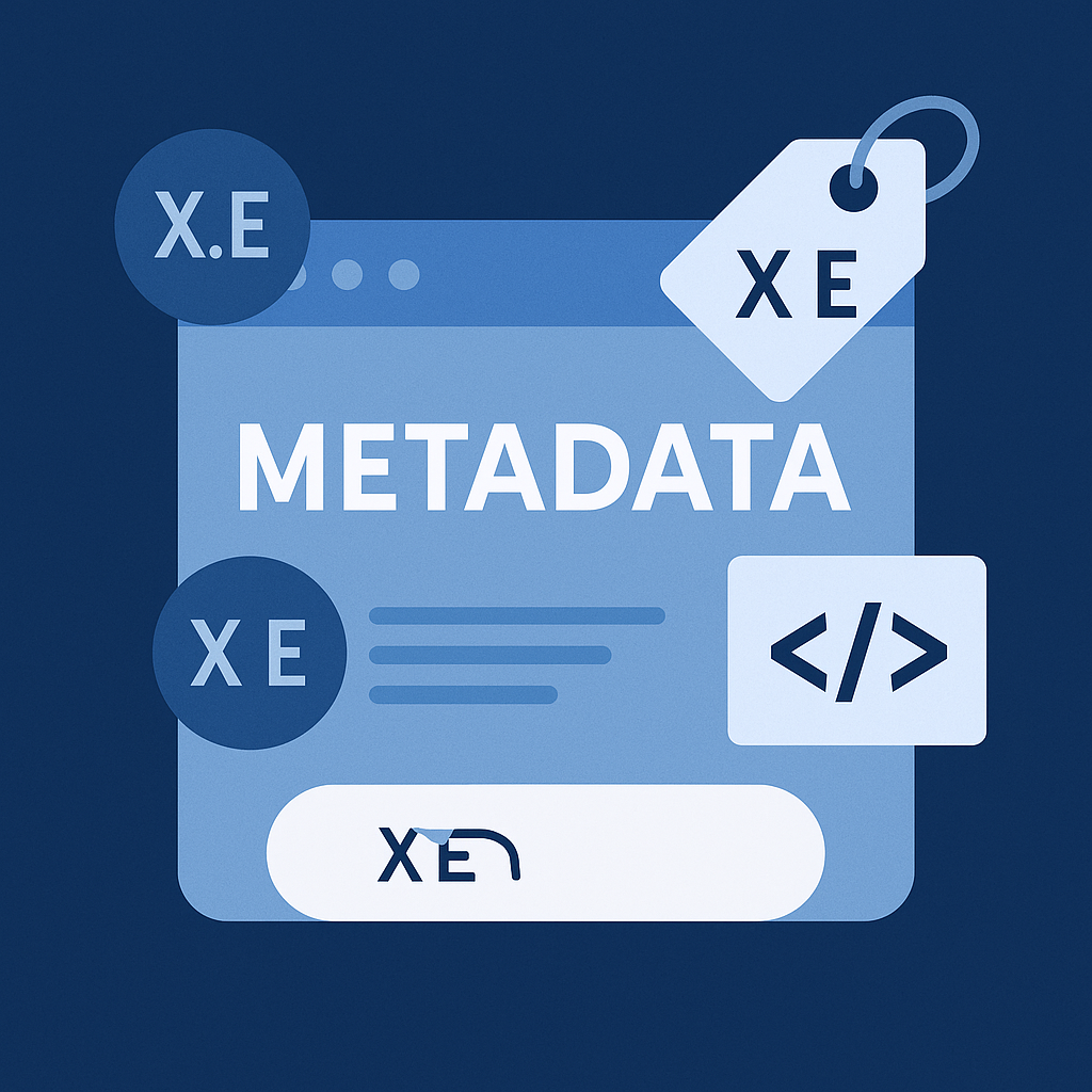 Illustrasjon av metadataelementer som tagger, kode og søkefelt, med tydelige X.E-symboler – fokus på SEO-struktur og datamerking.