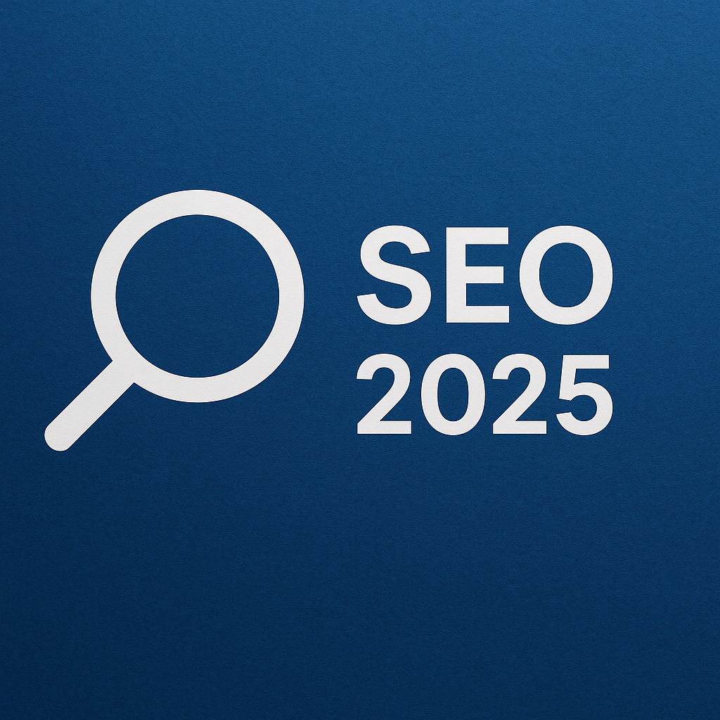 Blå bakgrunn med hvit forstørrelsesglass-ikon og teksten “SEO 2025” i moderne typografi.