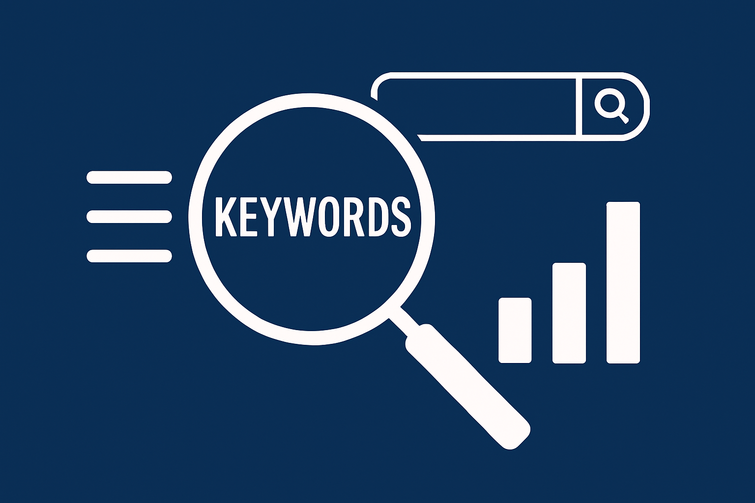 Illustrasjon med forstørrelsesglass, søkefelt og søylediagram – symboliserer analyse og bruk av nøkkelord i SEO.