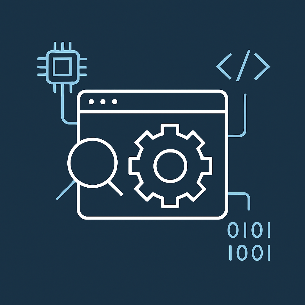 Illustrasjon av nettleservindu med tannhjul, kode og binærdata – symbol på teknisk SEO.