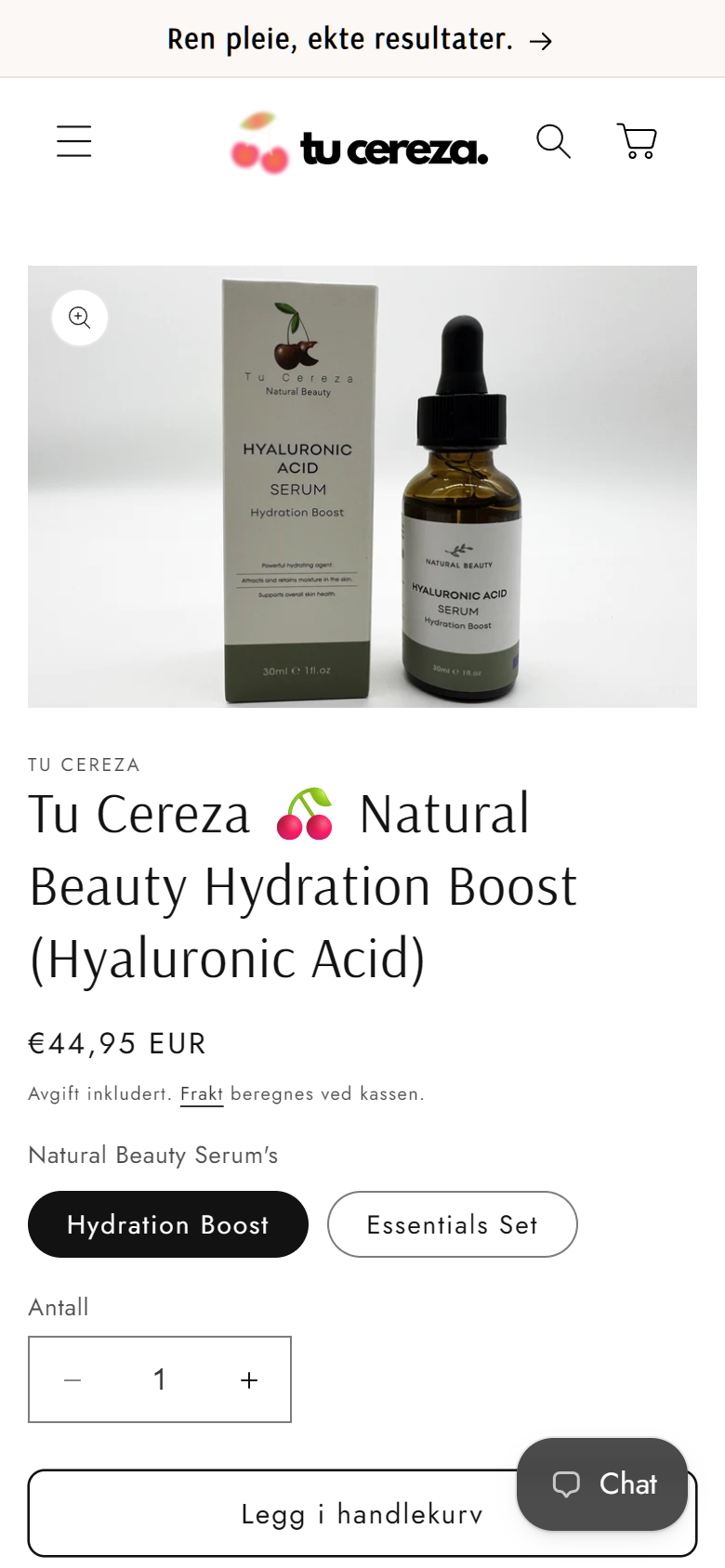 Tu Cereza-produktet Hyaluronic Acid Serum vist på en mobil produktside.